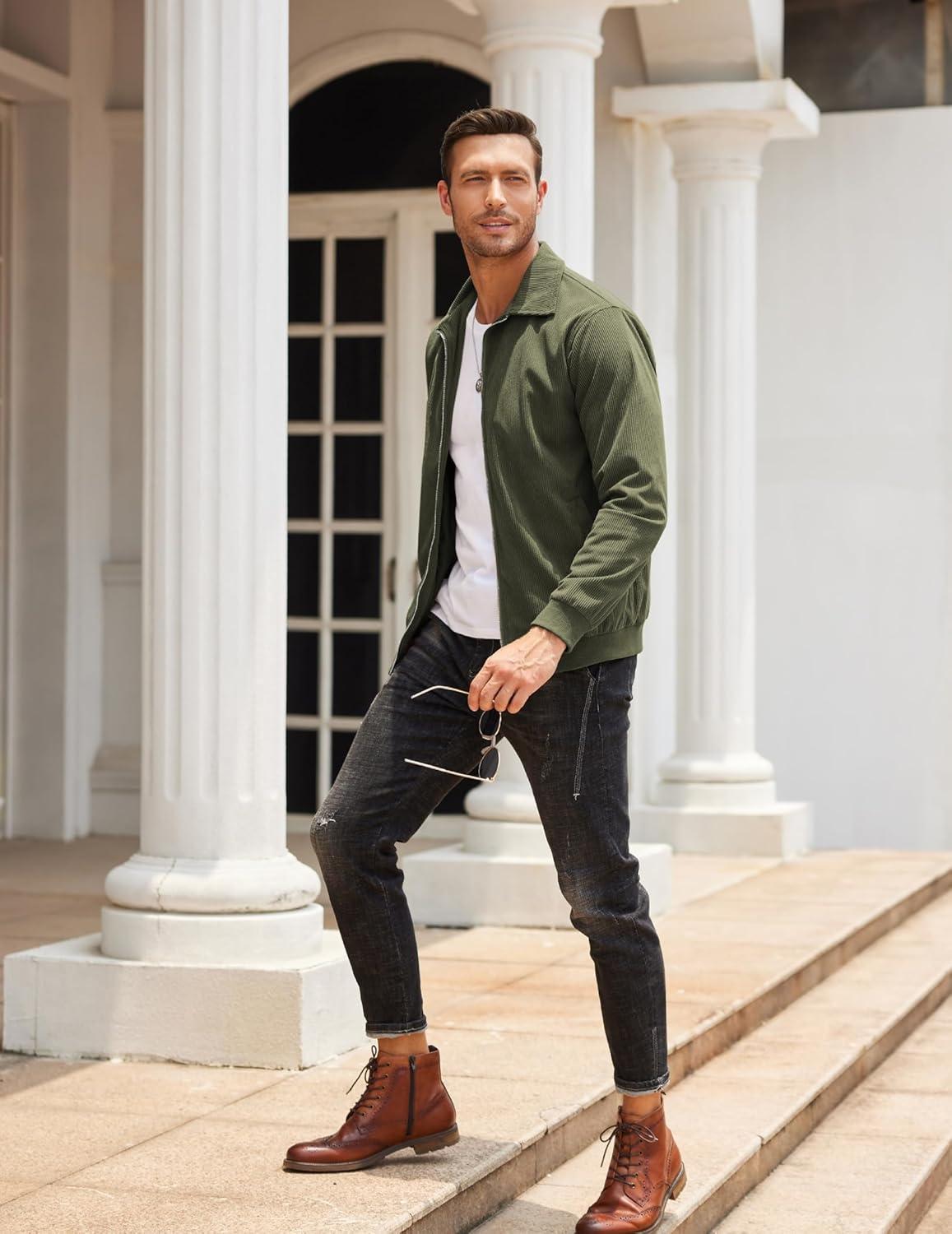 imageCOOFANDY Mens Casual Corduroy Jacket Lightweight Zip Up Vintage Jacket Collared Bomber JacketArmy Green