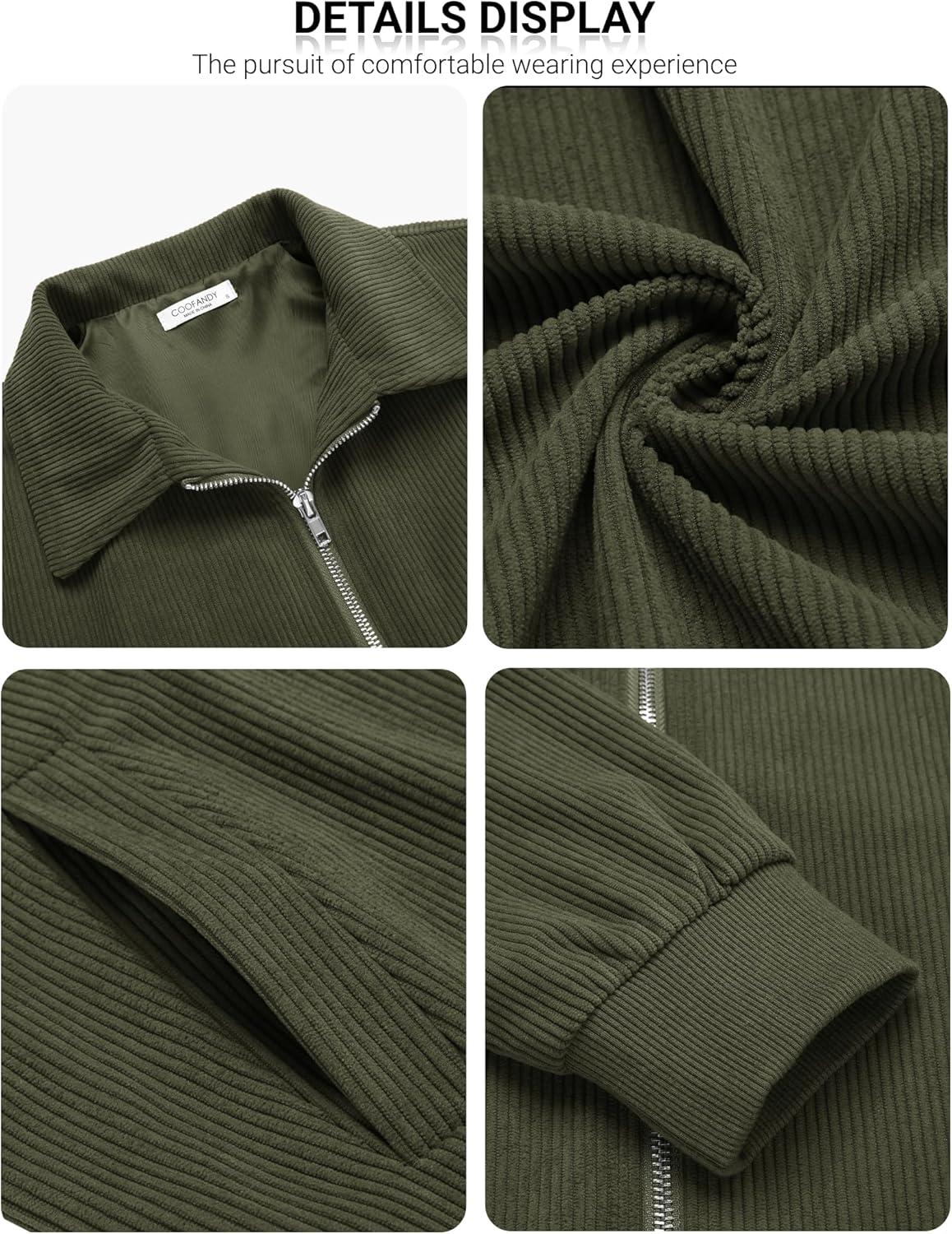 imageCOOFANDY Mens Casual Corduroy Jacket Lightweight Zip Up Vintage Jacket Collared Bomber JacketArmy Green