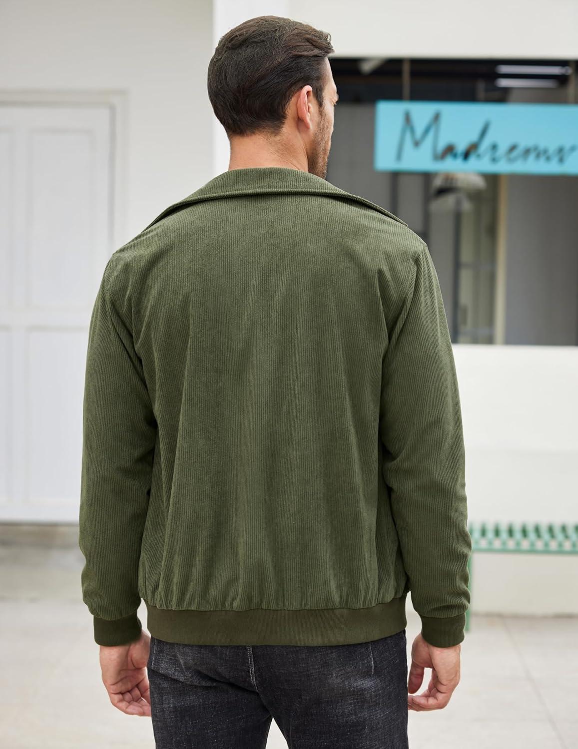 imageCOOFANDY Mens Casual Corduroy Jacket Lightweight Zip Up Vintage Jacket Collared Bomber JacketArmy Green