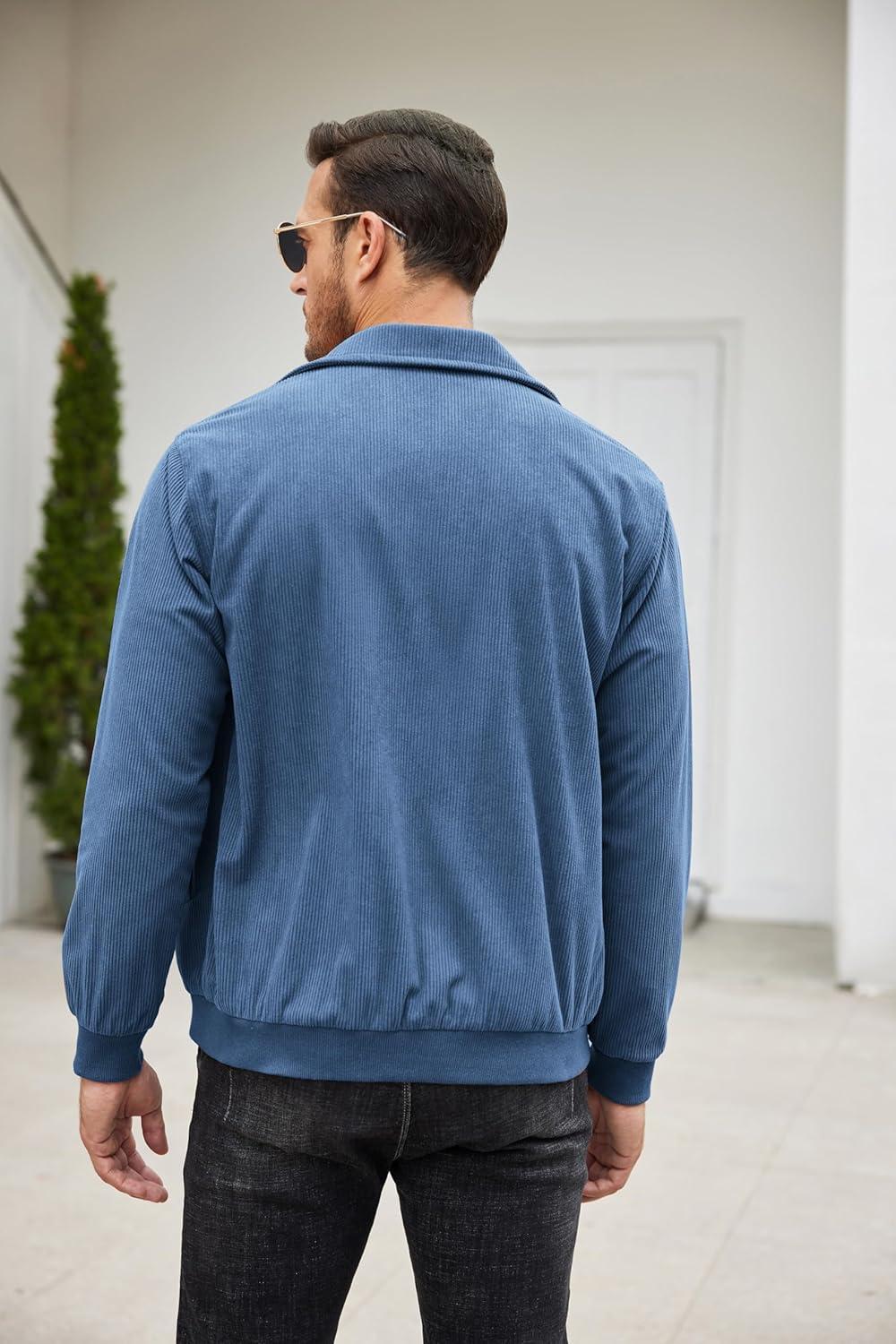 imageCOOFANDY Mens Casual Corduroy Jacket Lightweight Zip Up Vintage Jacket Collared Bomber JacketBlue