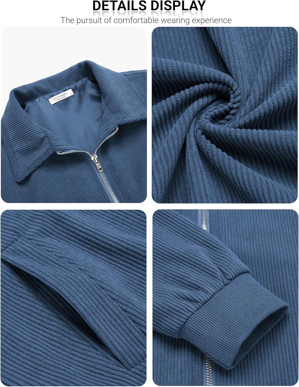 imageCOOFANDY Mens Casual Corduroy Jacket Lightweight Zip Up Vintage Jacket Collared Bomber JacketBlue