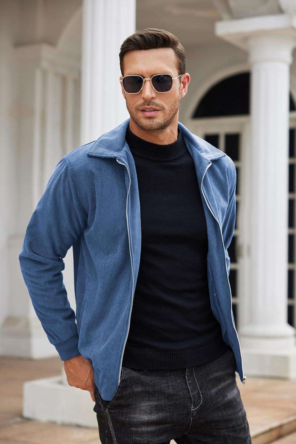 imageCOOFANDY Mens Casual Corduroy Jacket Lightweight Zip Up Vintage Jacket Collared Bomber JacketBlue