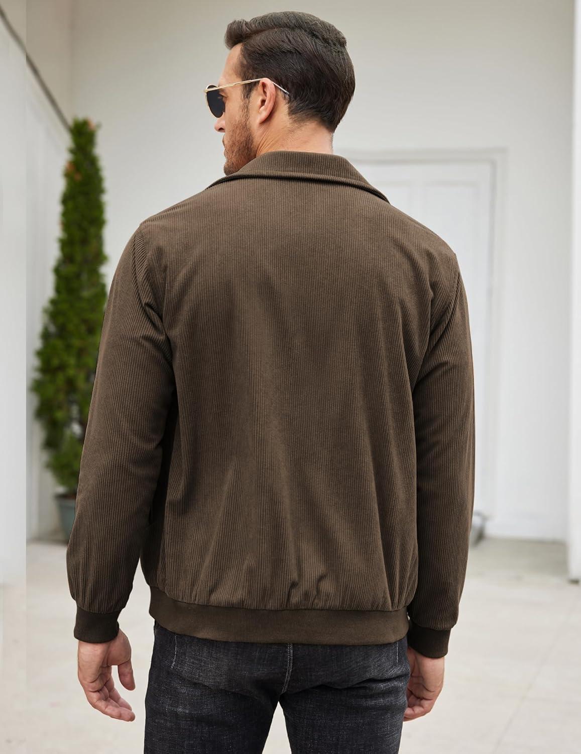 imageCOOFANDY Mens Casual Corduroy Jacket Lightweight Zip Up Vintage Jacket Collared Bomber JacketBrown