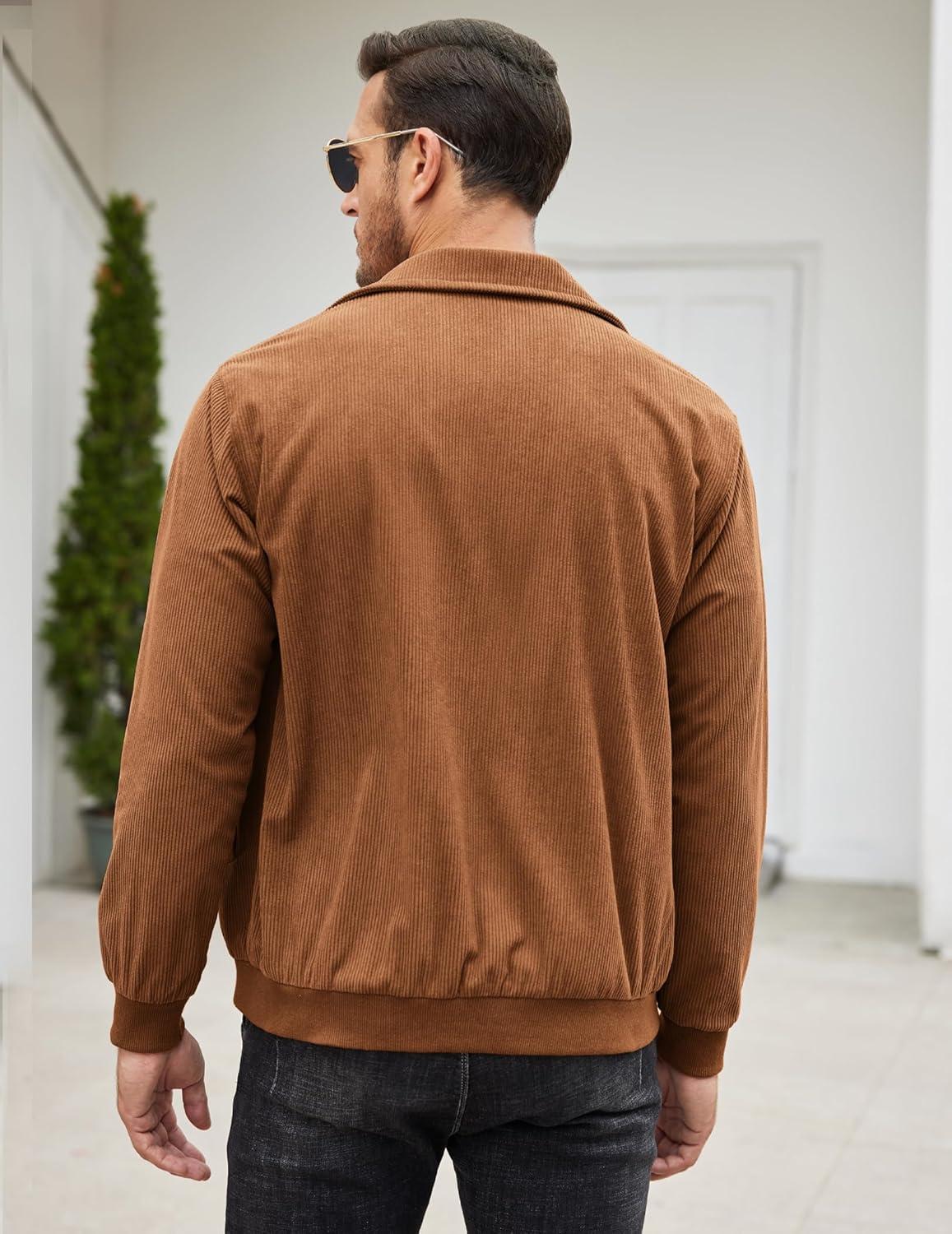 imageCOOFANDY Mens Casual Corduroy Jacket Lightweight Zip Up Vintage Jacket Collared Bomber JacketLight Brown