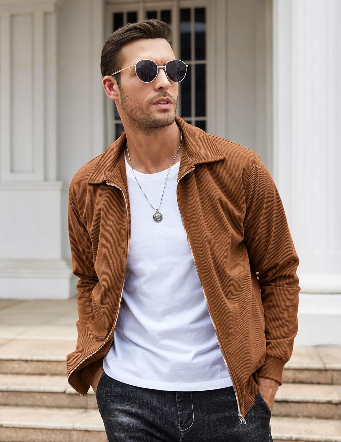imageCOOFANDY Mens Casual Corduroy Jacket Lightweight Zip Up Vintage Jacket Collared Bomber JacketLight Brown