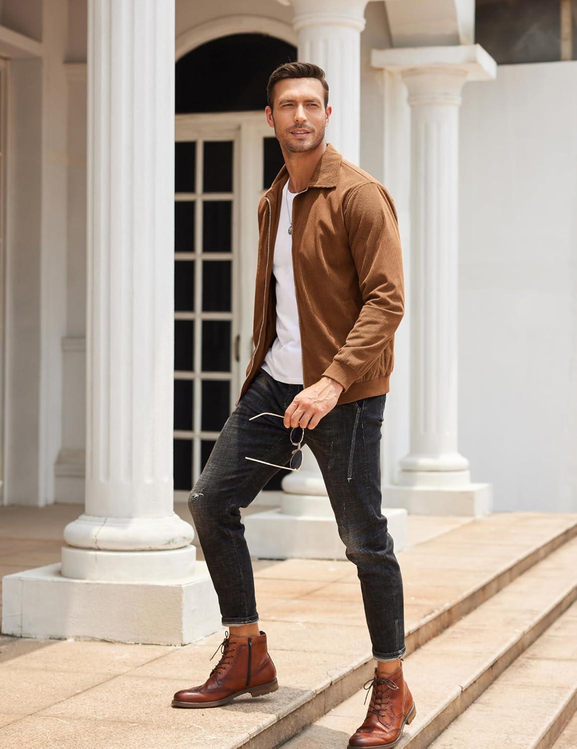 imageCOOFANDY Mens Casual Corduroy Jacket Lightweight Zip Up Vintage Jacket Collared Bomber JacketLight Brown