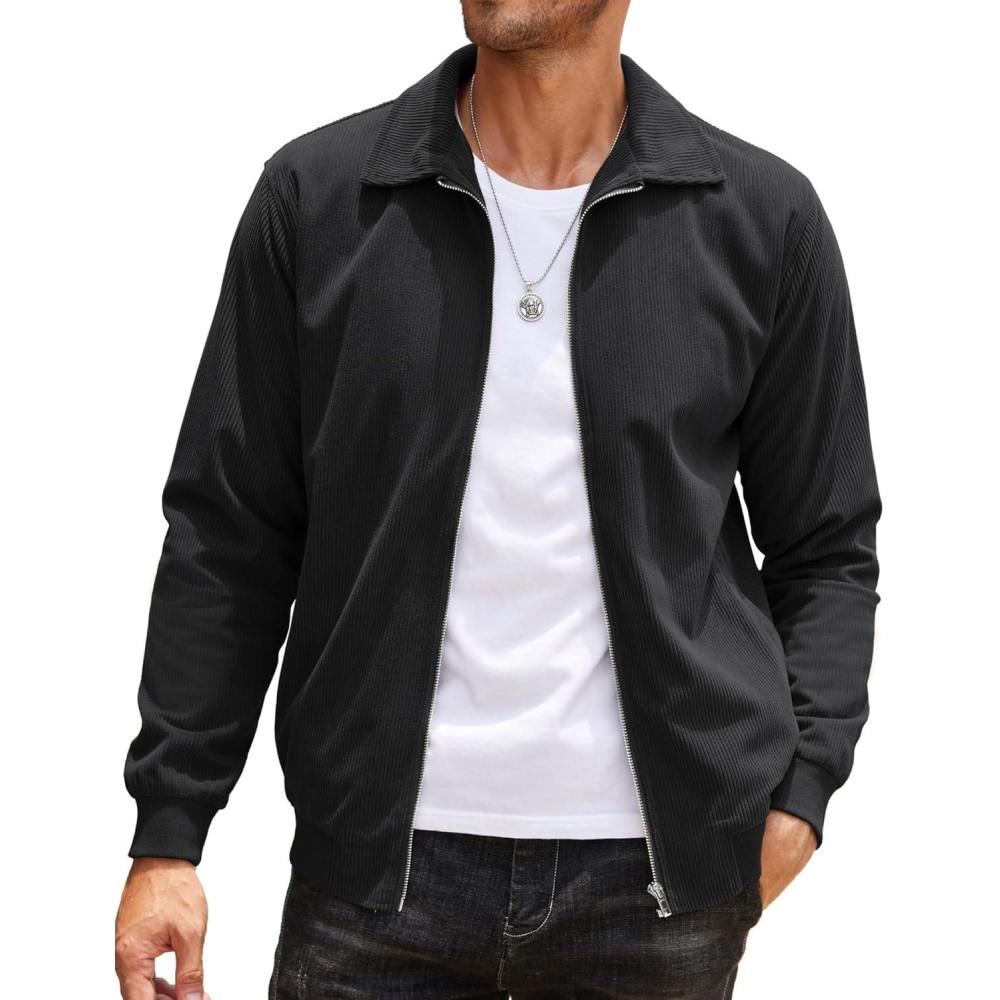 imageCOOFANDY Mens Casual Corduroy Jacket Lightweight Zip Up Vintage Jacket Collared Bomber JacketBlack