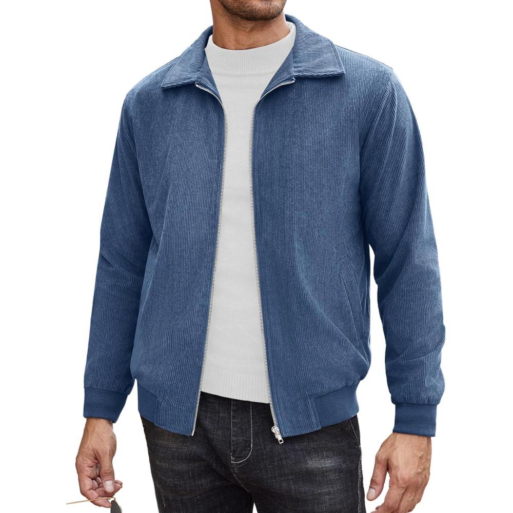 imageCOOFANDY Mens Casual Corduroy Jacket Lightweight Zip Up Vintage Jacket Collared Bomber JacketBlue