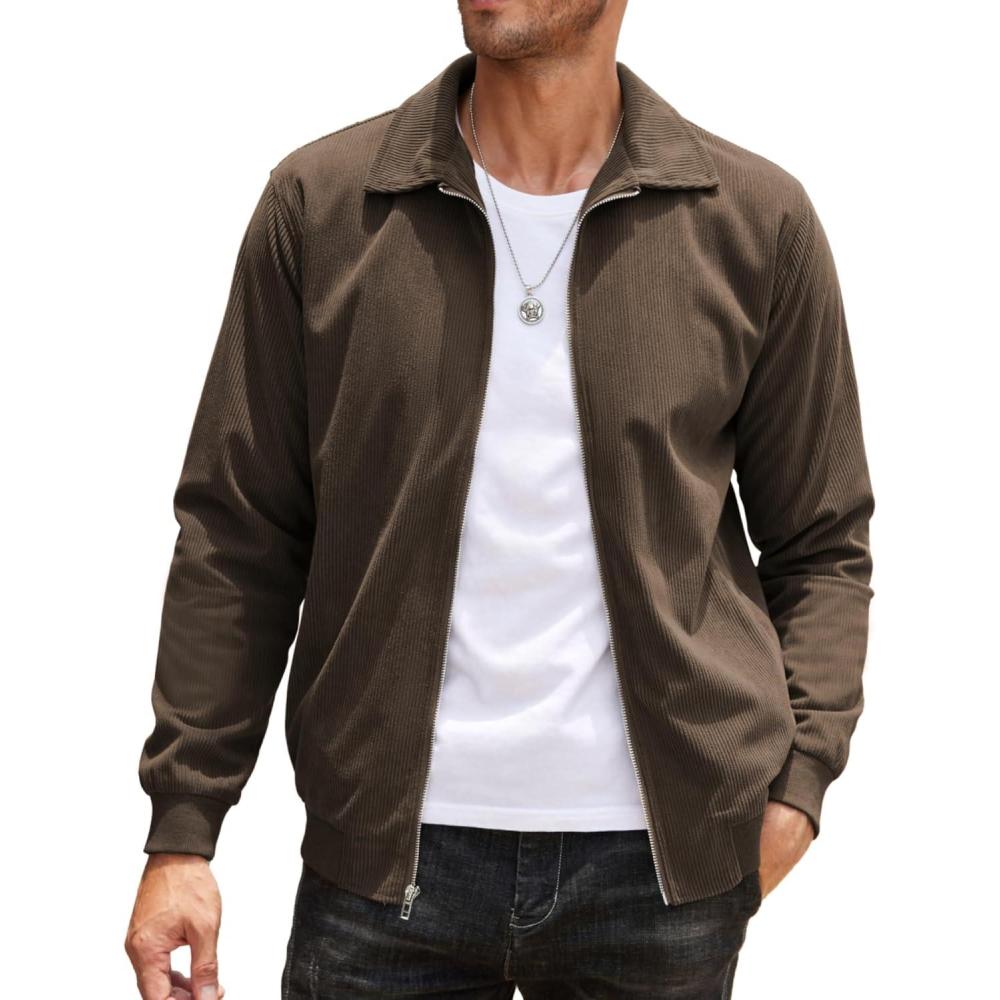 imageCOOFANDY Mens Casual Corduroy Jacket Lightweight Zip Up Vintage Jacket Collared Bomber JacketBrown