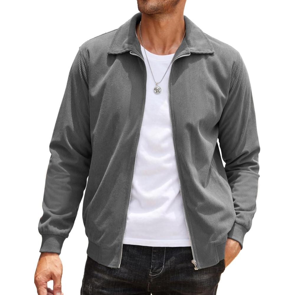 imageCOOFANDY Mens Casual Corduroy Jacket Lightweight Zip Up Vintage Jacket Collared Bomber JacketDark Grey