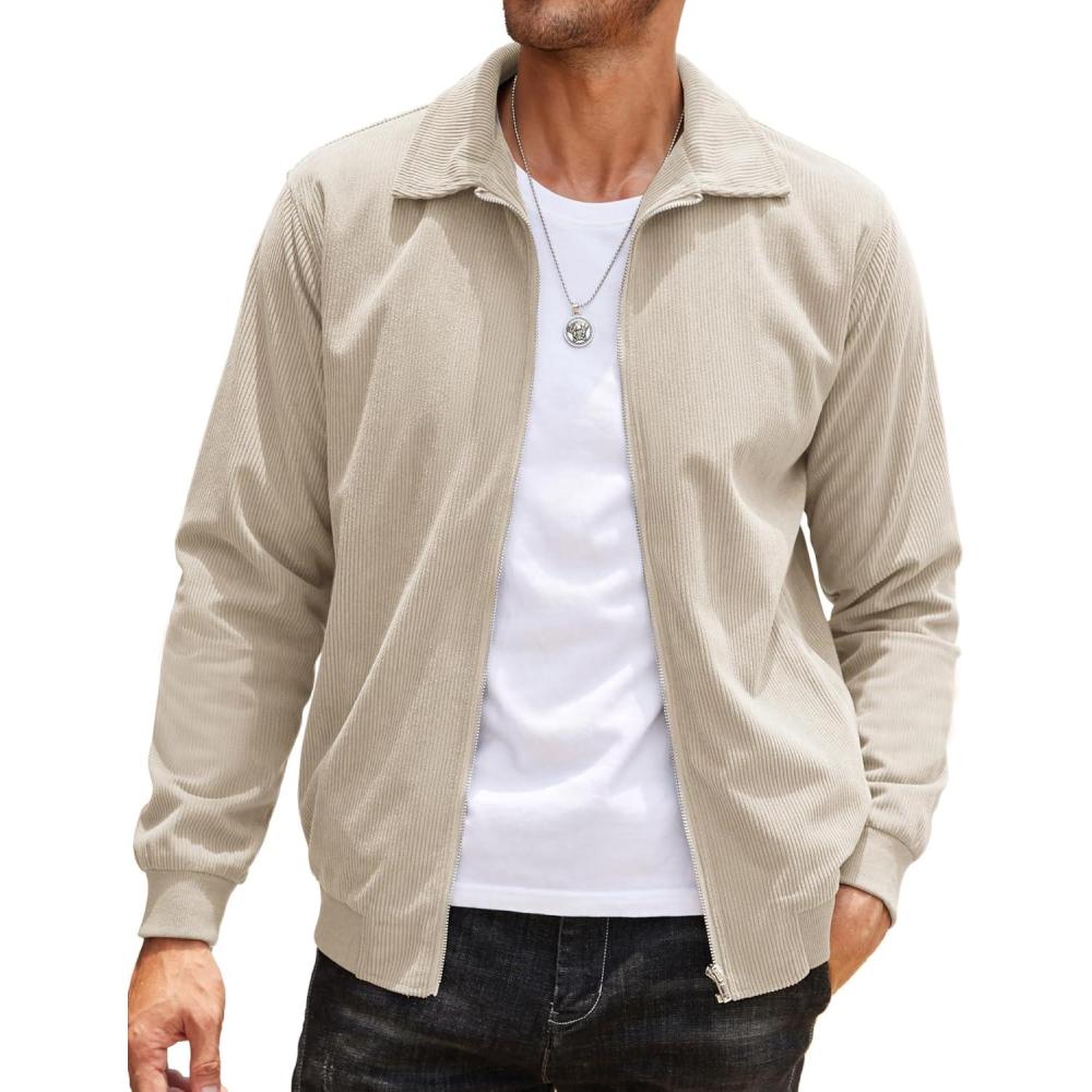 imageCOOFANDY Mens Casual Corduroy Jacket Lightweight Zip Up Vintage Jacket Collared Bomber JacketKhaki