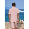 imageCOOFANDY Mens 2 Pieces Linen Set Casual Henley Shirts Short Sleeve Beach Yoga Shorts Summer Pants OutfitsPink