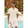 imageCOOFANDY Mens Casual Henley Shirt Short Sleeve Summer Shirts Linen Band Collar Summer Beach Hippie TShirtsBeige