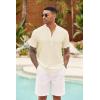 imageCOOFANDY Mens Casual Henley Shirt Short Sleeve Summer Shirts Linen Band Collar Summer Beach Hippie TShirtsBeige