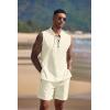 imageCOOFANDY Mens Linen Sets 2 Piece Beach Outfits Lace Up Hippie Tank Tops Summer Casual Sleeveless Shirts Matching Shorts SetBeige