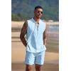 imageCOOFANDY Mens Linen Sets 2 Piece Beach Outfits Lace Up Hippie Tank Tops Summer Casual Sleeveless Shirts Matching Shorts SetBlue