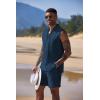 imageCOOFANDY Mens Linen Sets 2 Piece Beach Outfits Lace Up Hippie Tank Tops Summer Casual Sleeveless Shirts Matching Shorts SetNavy