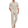 imageCOOFANDY Mens 2 Piece Cotton Sets Casual Long Sleeve Cuban Henley Shirt and Loose Pants Set Beach Vacation OutfitsBeige