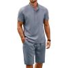 imageCOOFANDY Mens 2 Pieces Linen Set Casual Henley Shirts Short Sleeve Beach Yoga Shorts Summer Pants OutfitsFlecking Navy Blue