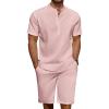 imageCOOFANDY Mens 2 Pieces Linen Set Casual Henley Shirts Short Sleeve Beach Yoga Shorts Summer Pants OutfitsPink