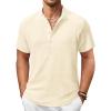 imageCOOFANDY Mens Casual Henley Shirt Short Sleeve Summer Shirts Linen Band Collar Summer Beach Hippie TShirtsBeige