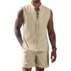 imageCOOFANDY Mens Linen Sets 2 Piece Beach Outfits Lace Up Hippie Tank Tops Summer Casual Sleeveless Shirts Matching Shorts SetKhaki