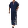 imageCOOFANDY Mens VNeck Linen Robe Short Sleeve Kaftan Thobe Long Gown Casual Shirt for Beach SummerNavy Blue