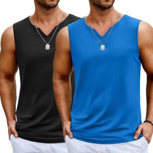 imageCOOFANDY Casual Sleeveless Shirts for Men Cotton V Neck Tank Tops Summer 2 Pack Workout Gym Muscle TeeBlackBlue