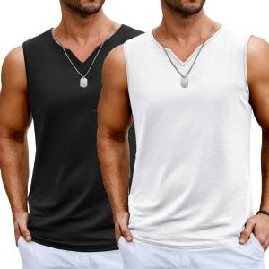 imageCOOFANDY Casual Sleeveless Shirts for Men Cotton V Neck Tank Tops Summer 2 Pack Workout Gym Muscle TeeBlackWhite
