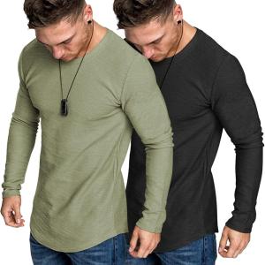 imageCOOFANDY Men 2 Pack Muscle Fitted T Shirt Gym Workout Athletic Long Sleeves TeeBlackLight Army Green