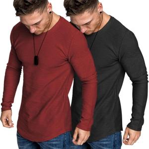 imageCOOFANDY Men 2 Pack Muscle Fitted T Shirt Gym Workout Athletic Long Sleeves TeeBlackWine Red