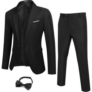 imageCOOFANDY Men 3 Piece Suit Slim Fit Tuxedo One Button Prom Suits Blazer Jacket Vest Pants with TieBlack