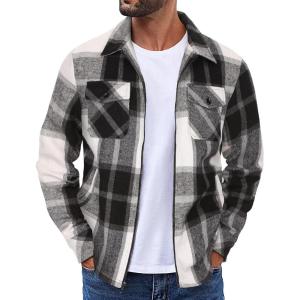 imageCOOFANDY Men Flannel Jackets Full Zip Up Plaid Shirt Shackets Cotton Lightweight Jackets Casual Stylish Fall Jackets 2024Grey