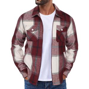 imageCOOFANDY Men Flannel Jackets Full Zip Up Plaid Shirt Shackets Cotton Lightweight Jackets Casual Stylish Fall Jackets 2024Light Red