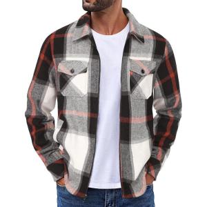 imageCOOFANDY Men Flannel Jackets Full Zip Up Plaid Shirt Shackets Cotton Lightweight Jackets Casual Stylish Fall Jackets 2024OrangeWhite