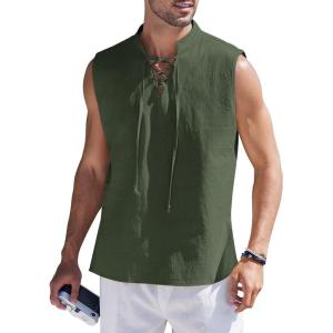 imageCOOFANDY Men Tank Top Cotton Linen Beach Sleeveless Shirt Lace Up Bohemian Hippie Renaissance Pirate Kilt Medieval TunicArmy Green