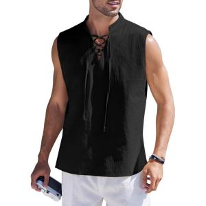 imageCOOFANDY Men Tank Top Cotton Linen Beach Sleeveless Shirt Lace Up Bohemian Hippie Renaissance Pirate Kilt Medieval TunicBlack