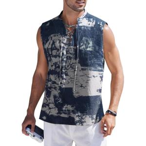 imageCOOFANDY Men Tank Top Cotton Linen Beach Sleeveless Shirt Lace Up Bohemian Hippie Renaissance Pirate Kilt Medieval TunicTiedye Navy