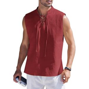 imageCOOFANDY Men Tank Top Cotton Linen Beach Sleeveless Shirt Lace Up Bohemian Hippie Renaissance Pirate Kilt Medieval TunicWine