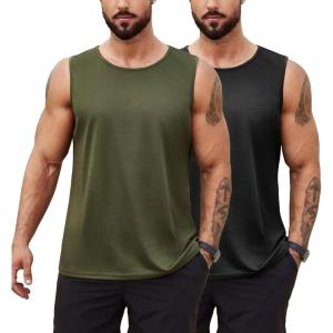 imageCOOFANDY Mens 2 Pack Muscle Sleeveless Shirt Dry Fit Workout Gym Tank TopsBlackArmy Green