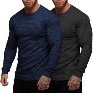 imageCOOFANDY Mens 2 Pack Muscle TShirt Stretch Long Sleeve Gym Workout Bodybuilding Training Tee Shirts Casual Hipster TopsAblackNavy Blue