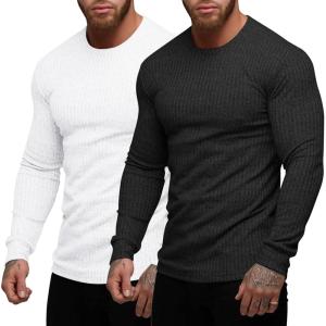 imageCOOFANDY Mens 2 Pack Muscle TShirt Stretch Long Sleeve Gym Workout Bodybuilding Training Tee Shirts Casual Hipster TopsAblackWhite