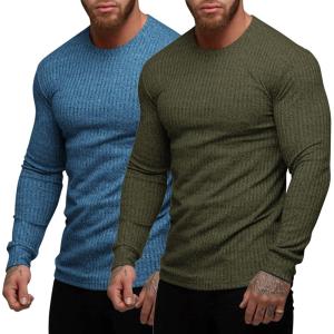 imageCOOFANDY Mens 2 Pack Muscle TShirt Stretch Long Sleeve Gym Workout Bodybuilding Training Tee Shirts Casual Hipster TopsAblueArmy Green