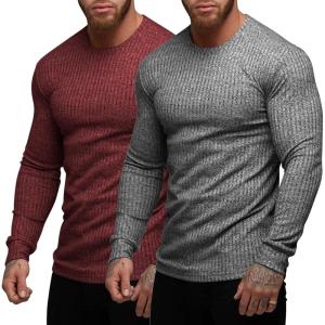 imageCOOFANDY Mens 2 Pack Muscle TShirt Stretch Long Sleeve Gym Workout Bodybuilding Training Tee Shirts Casual Hipster TopsAwine RedDark Grey