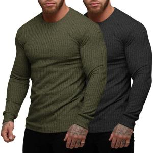 imageCOOFANDY Mens 2 Pack Muscle TShirt Stretch Long Sleeve Gym Workout Bodybuilding Training Tee Shirts Casual Hipster TopsBlackArmy Green