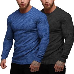 imageCOOFANDY Mens 2 Pack Muscle TShirt Stretch Long Sleeve Gym Workout Bodybuilding Training Tee Shirts Casual Hipster TopsBlackDark Blue