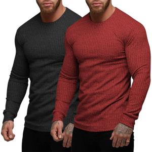 imageCOOFANDY Mens 2 Pack Muscle TShirt Stretch Long Sleeve Gym Workout Bodybuilding Training Tee Shirts Casual Hipster TopsBlackRed