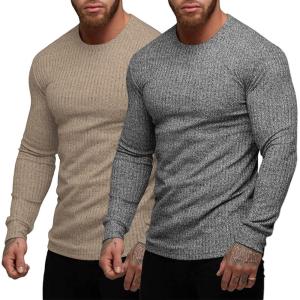 imageCOOFANDY Mens 2 Pack Muscle TShirt Stretch Long Sleeve Gym Workout Bodybuilding Training Tee Shirts Casual Hipster TopsDark GreyKhaki