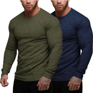 imageCOOFANDY Mens 2 Pack Muscle TShirt Stretch Long Sleeve Gym Workout Bodybuilding Training Tee Shirts Casual Hipster TopsNavy BlueArmy Green