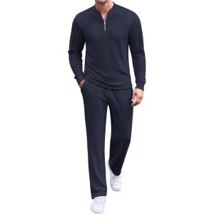 imageCOOFANDY Mens 2 Piece Tracksuit Set Polo Athletic Sweatsuit Quarter Zip Jogging Long Sleeve Casual Sports OutfitsNavy Blue